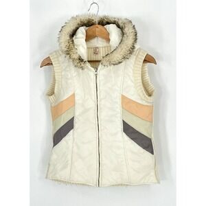Free People Womens Small Hooded Sweater Puffer Vest Cream Faux Fur Trim